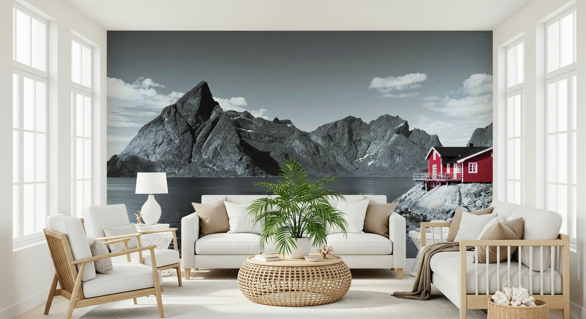 Scenic fjord mural showcasing dramatic rocky peaks reflected in still Nordic waters beside a red house.