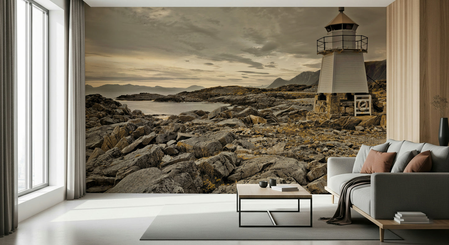 Vintage-style coastal mural showcasing a lighthouse standing strong amid dramatic coastal terrain.