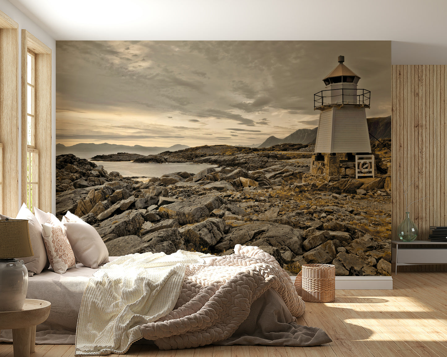 Scenic seaside mural featuring a sturdy lighthouse and expansive cloudy horizon.