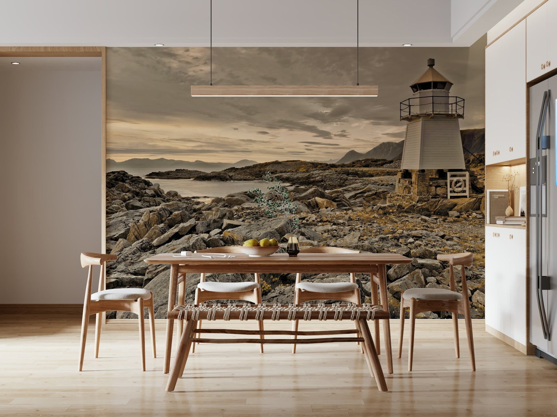 Serene mural capturing a lighthouse above rugged rocks with soft golden light on the horizon.