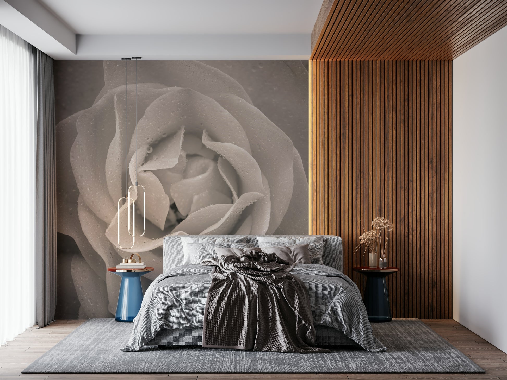 Elegant wall mural showcasing a large sepia-toned rose with soft, detailed petals.