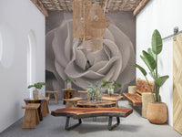Timeless botanical mural featuring a large rose bloom rendered in warm sepia shades.