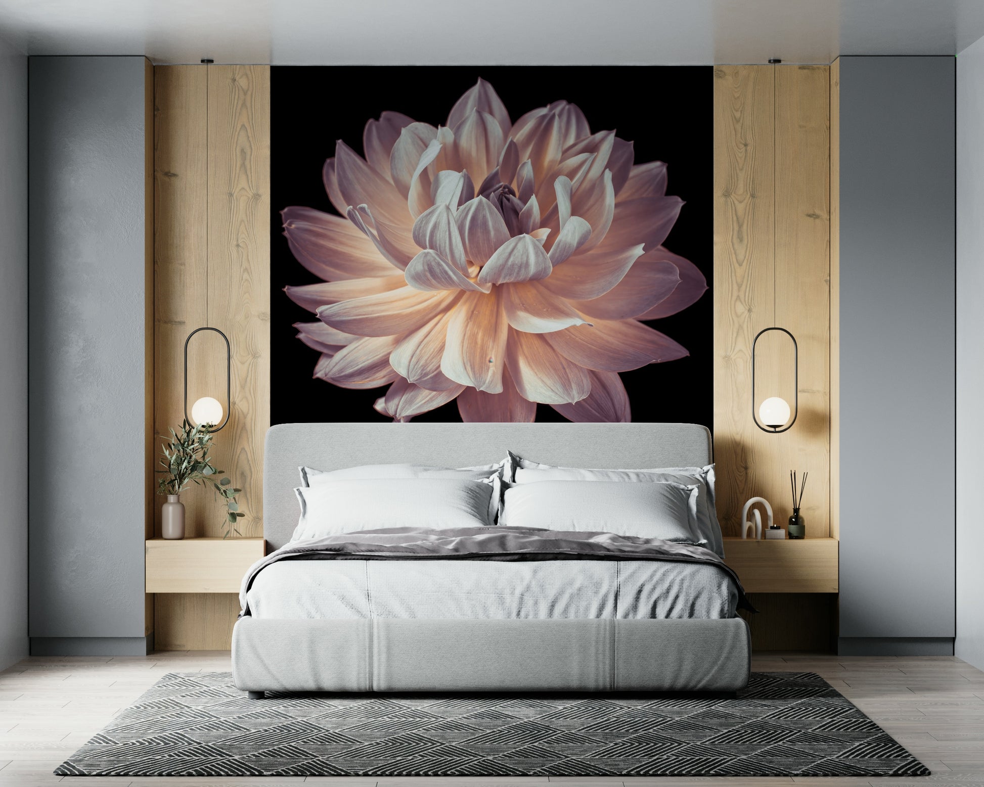 Soft-focus floral mural with tightly layered dahlia petals forming a radiant center.