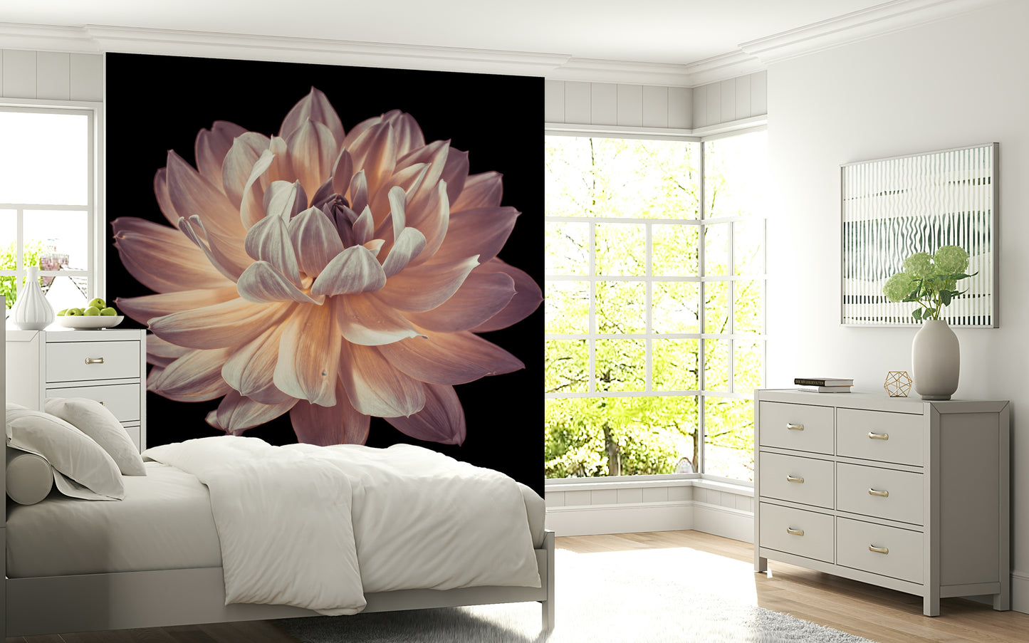 Artistic wall mural showing the sculptural beauty of a dahlia’s curled petals.