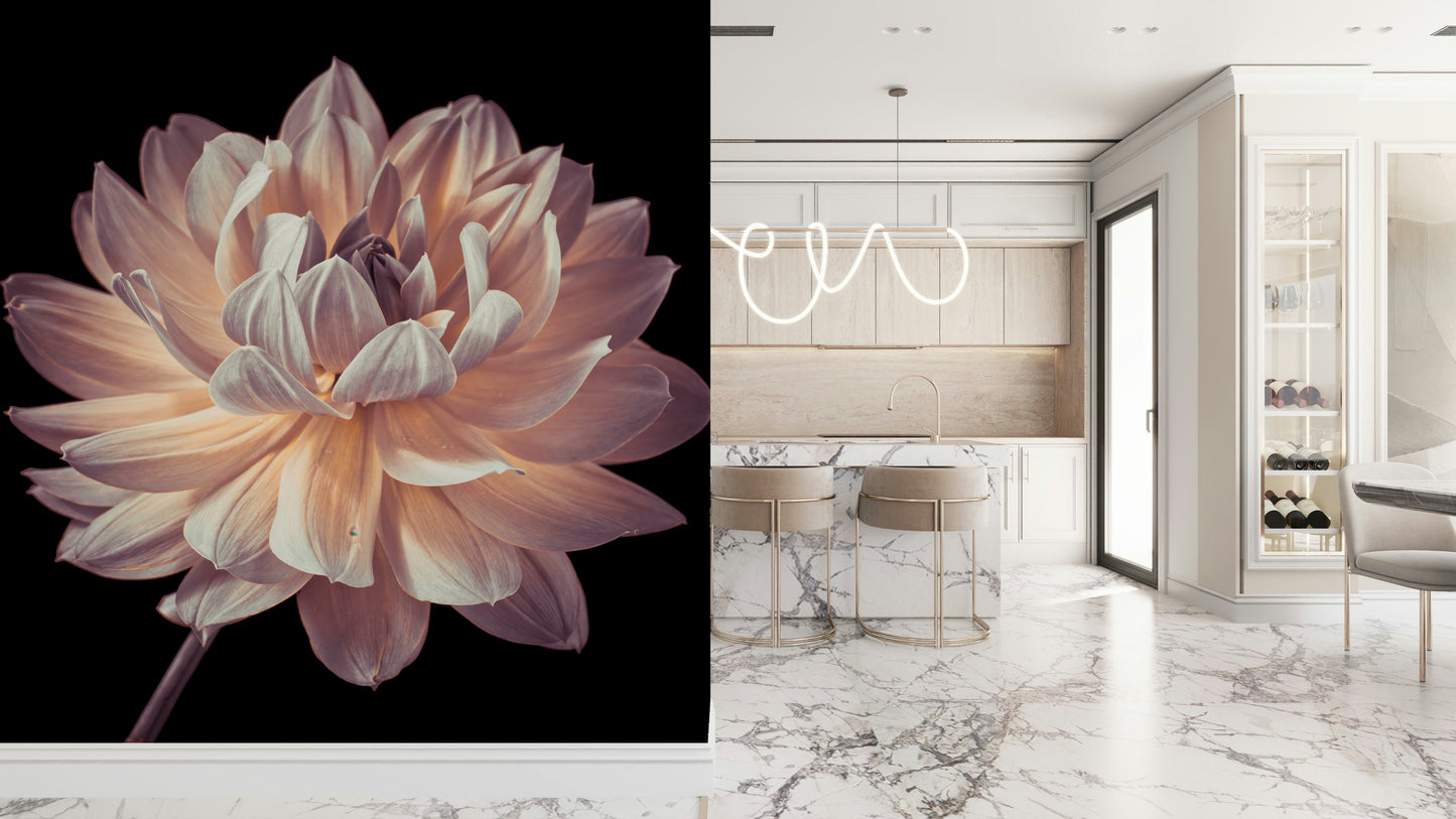 Elegant botanical mural highlighting the delicate curves of a blooming dahlia flower.