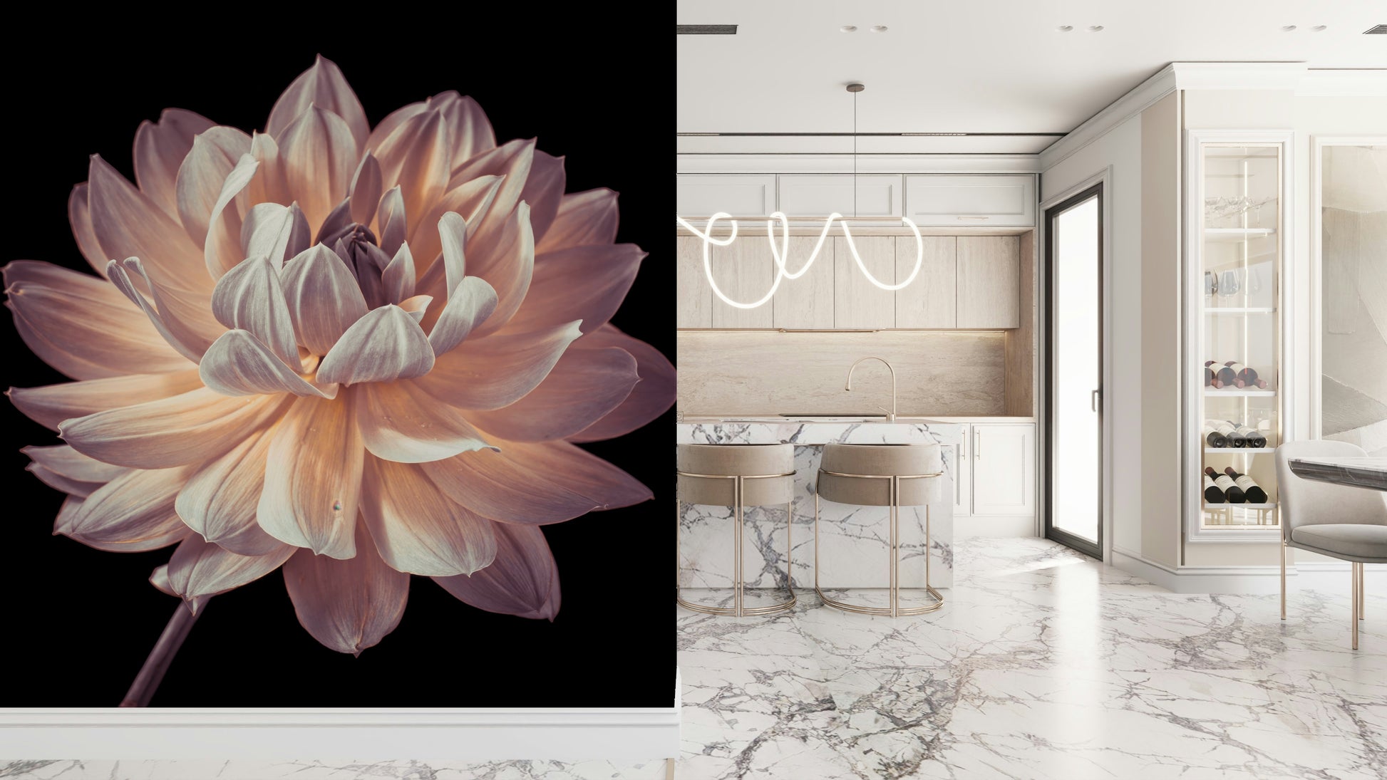 Elegant botanical mural highlighting the delicate curves of a blooming dahlia flower.