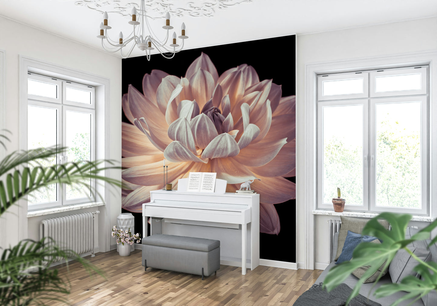 Textured botanical mural capturing the depth and detail of a blooming dahlia.