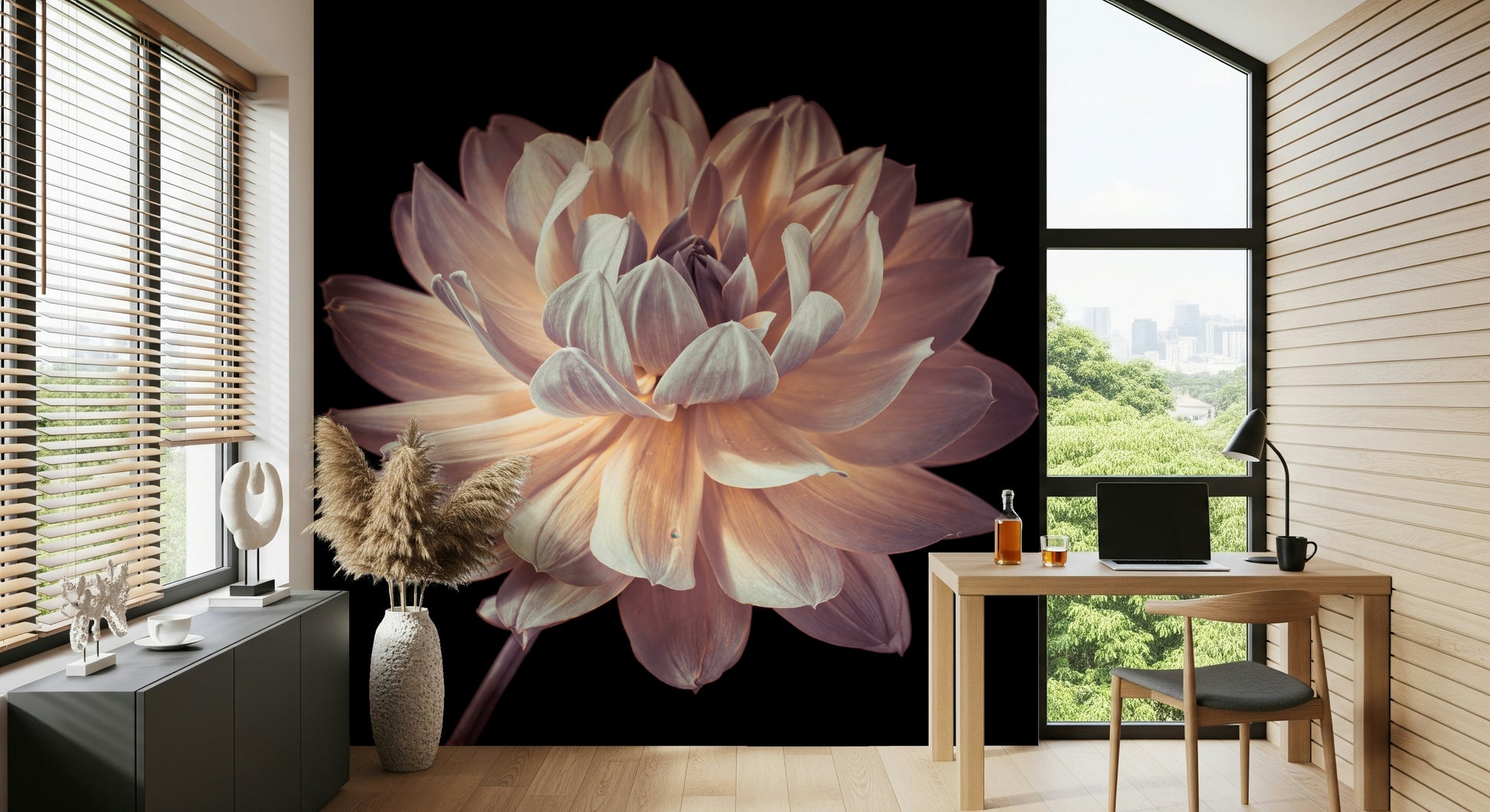 Pastel floral mural featuring the organic swirl and symmetry of dahlia petals.