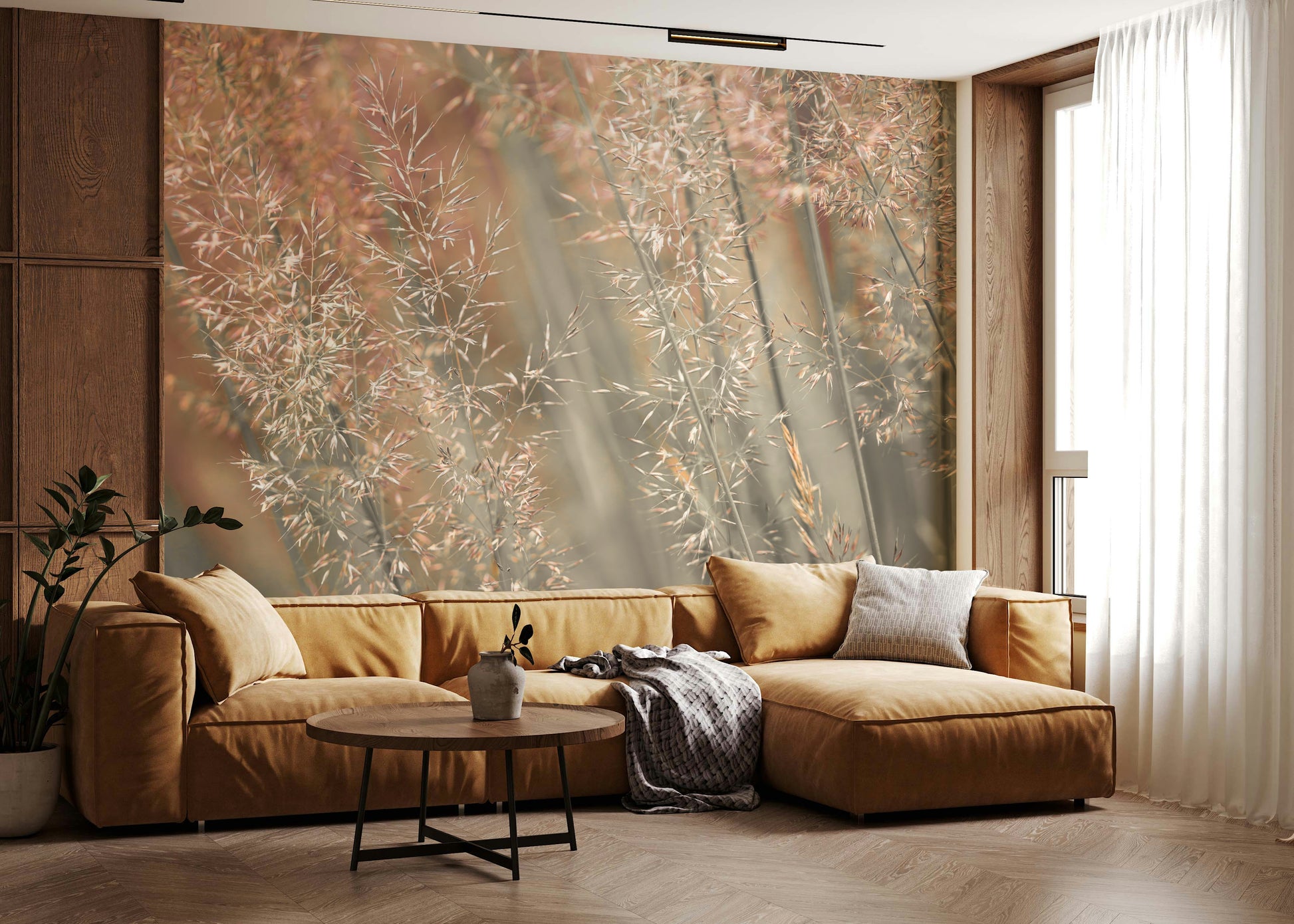 Wall mural highlighting close-up fountain grass stems and textured seed heads.