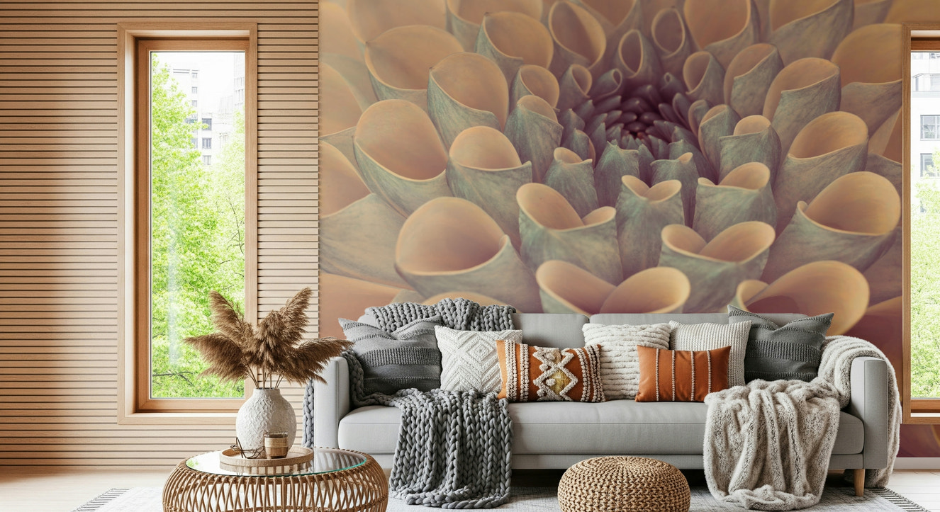 Dahlia petals wall mural featuring a close-up view of swirling, layered petals in soft pastel tones.