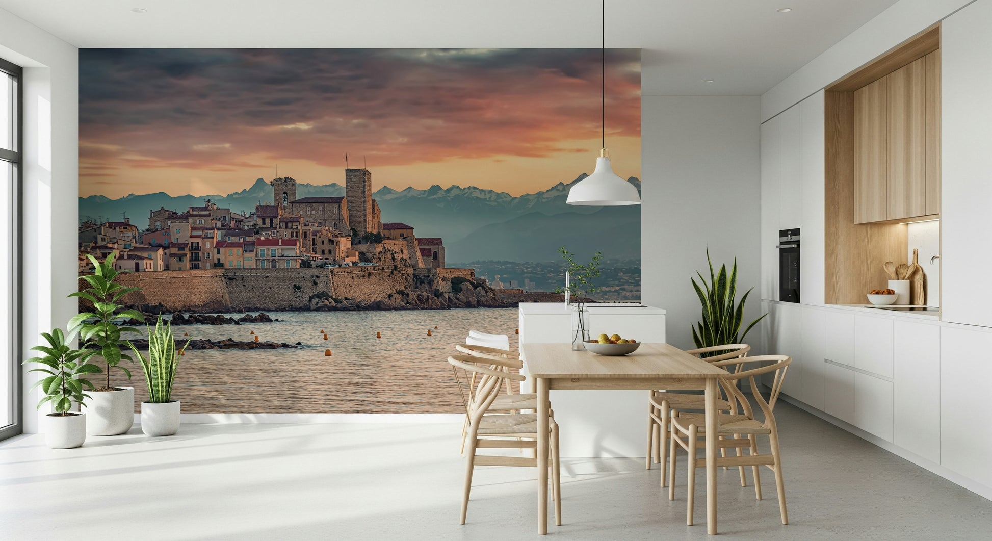 Mediterranean wall mural showing Antibes’ charming architecture silhouetted against a colorful dusk horizon.