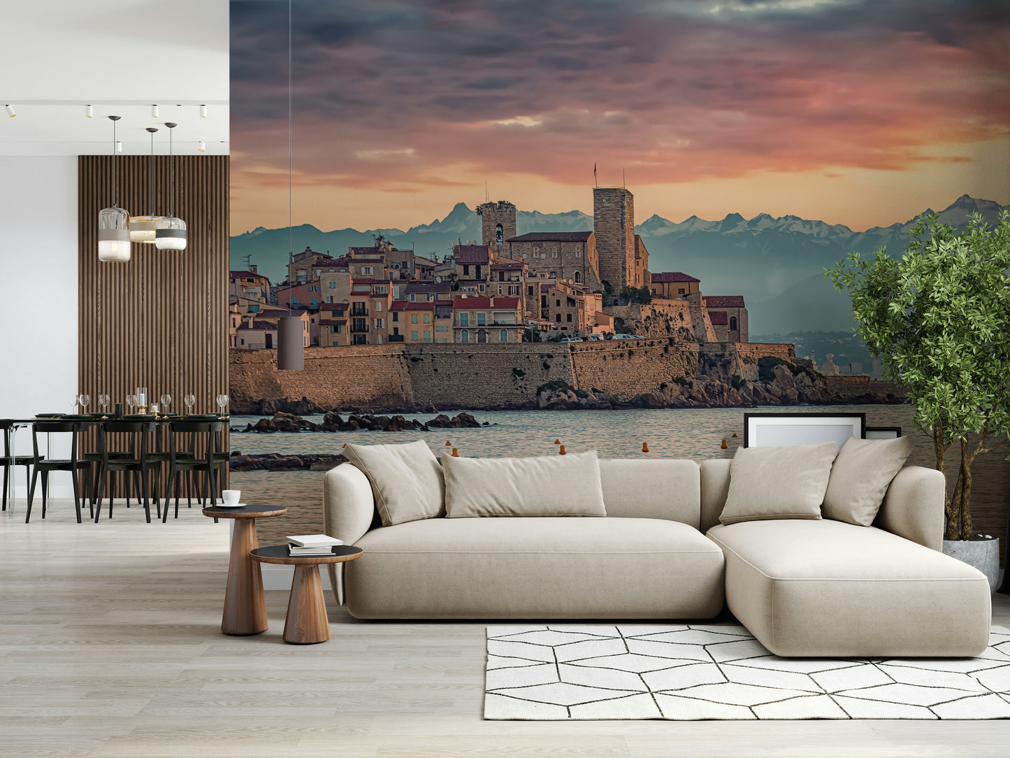 Dusk at Antibes wall mural featuring a historic seaside town glowing under a purple and peach sunset sky.