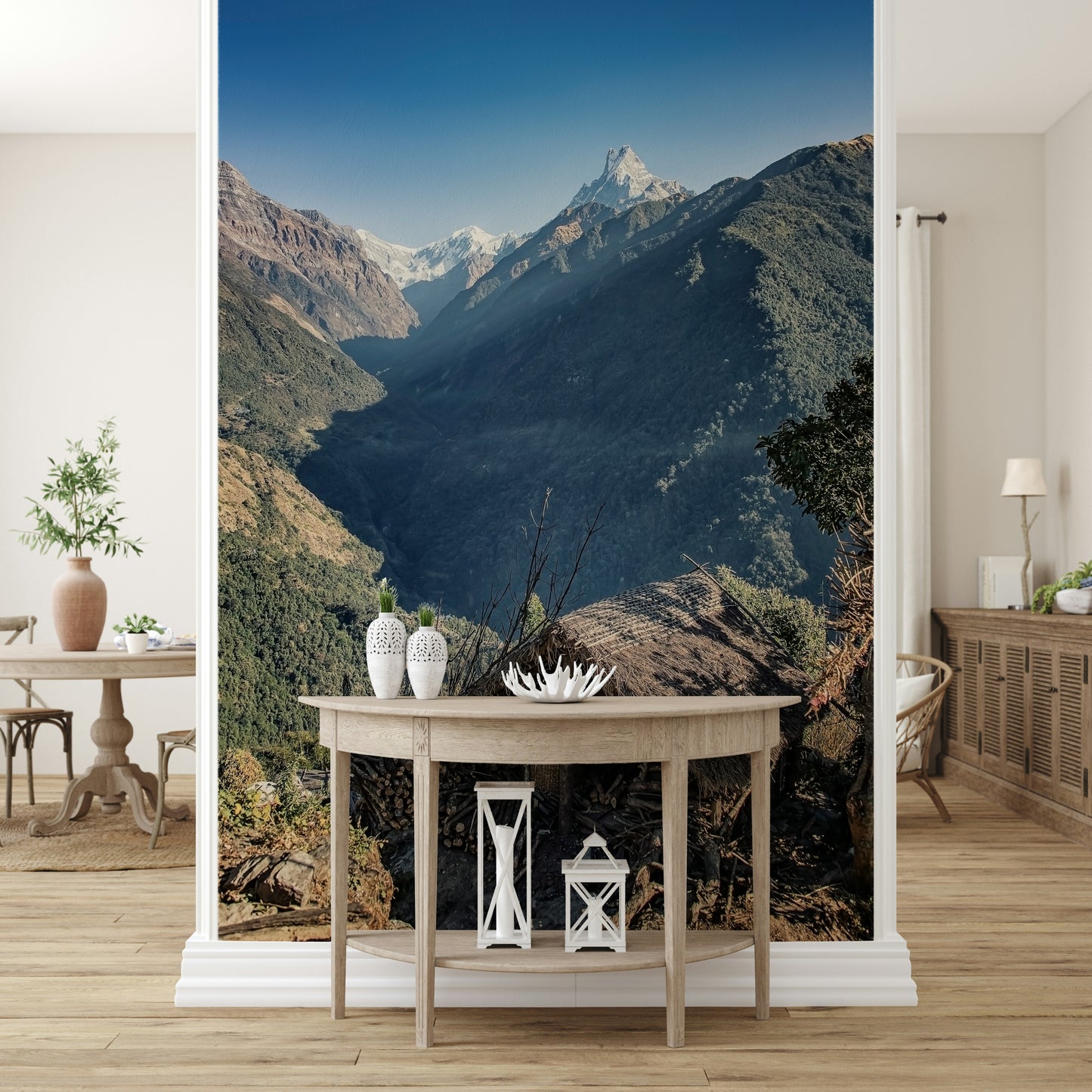 Rustic mountain wall mural depicting a solitary hut beside expansive valley views.