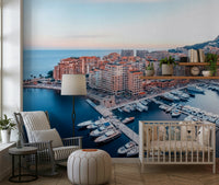 Prestigious Marina View wall mural yachts docked at sunset.