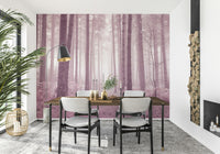 Soft focus Rose Forest pine wall mural dreamy pink tones.