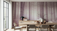 Atmospheric Rose Forest pine mural delicate lavender color.