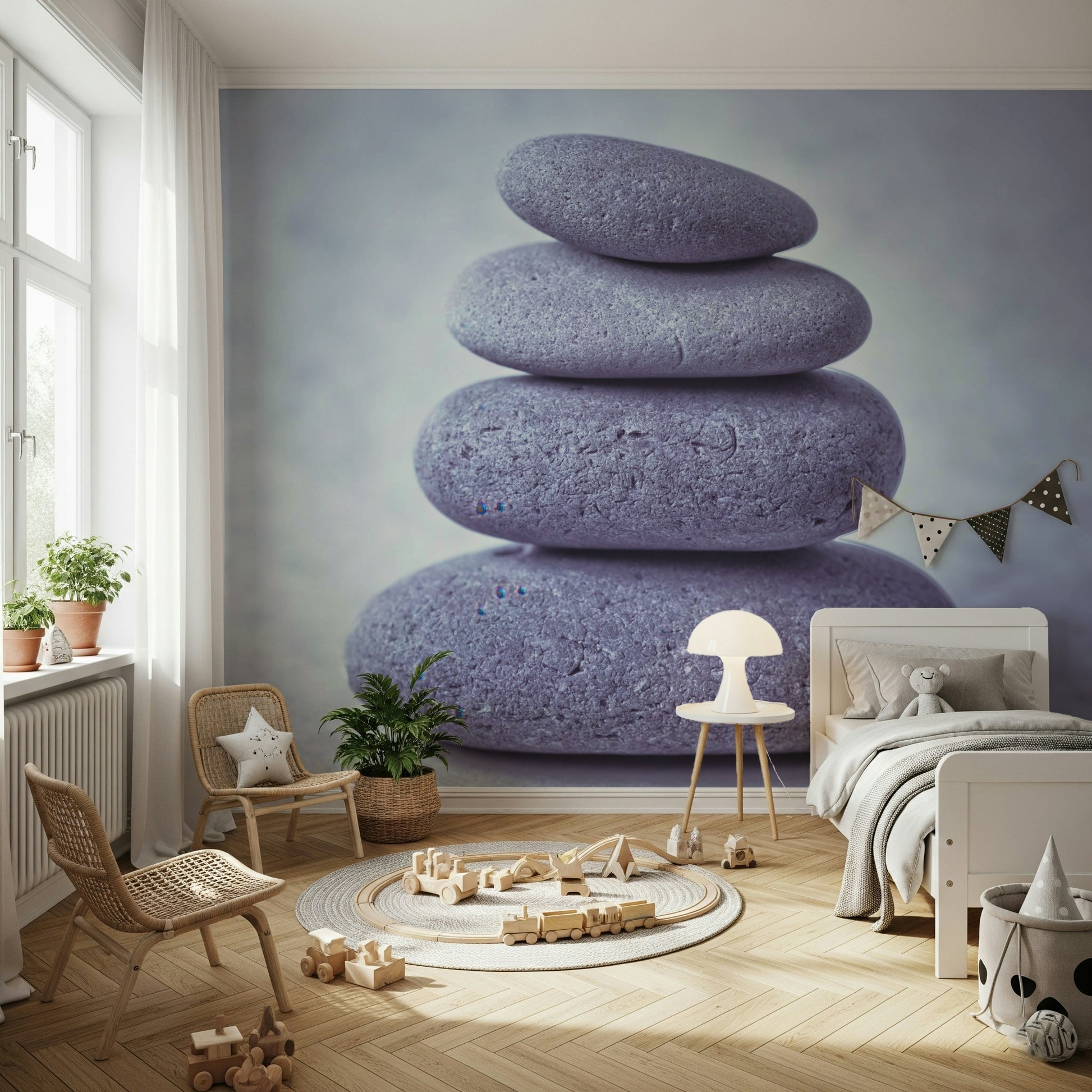 Spa décor Zen rock pile wallpaper elegant simplicity.