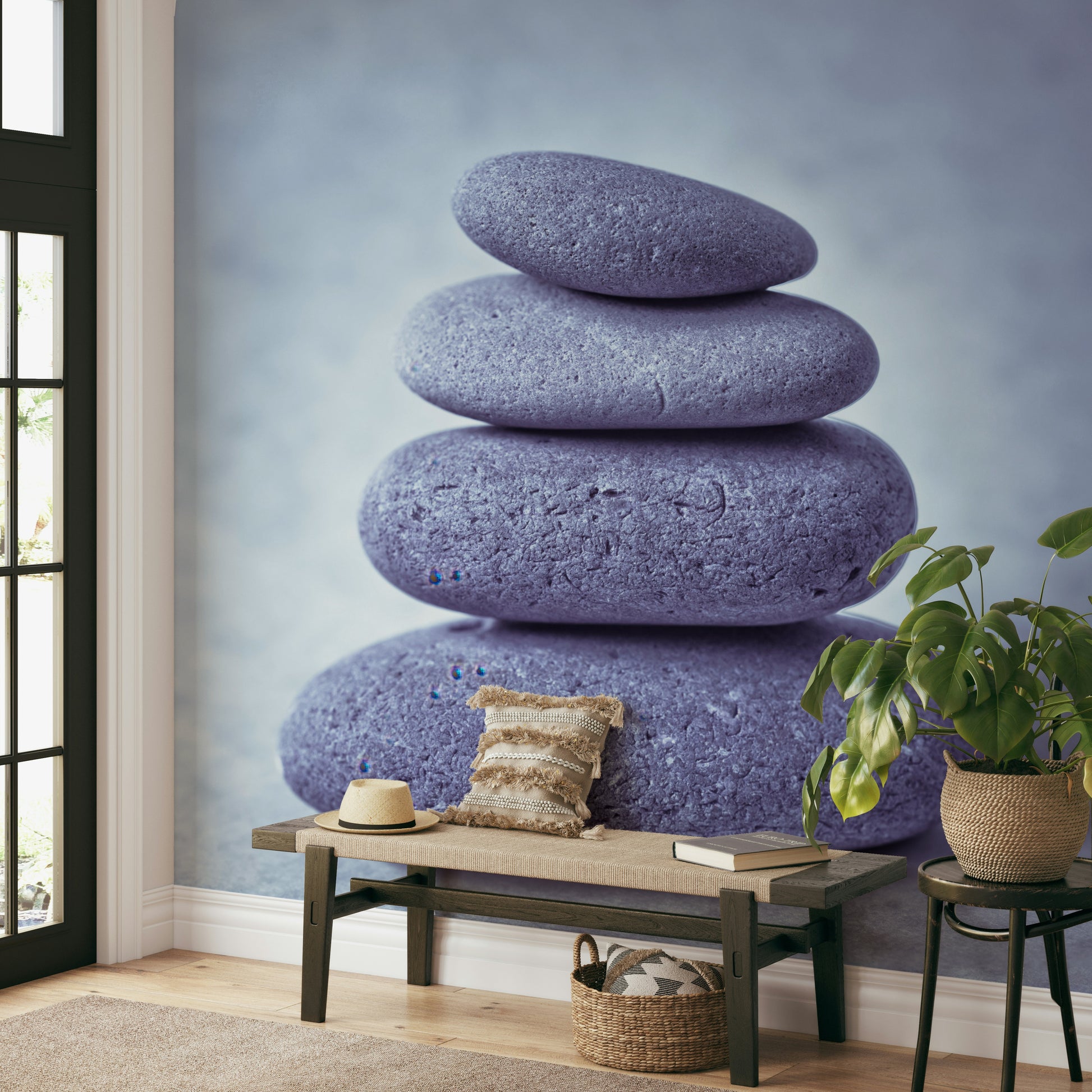 Four balanced Zen rocks wallpaper cool monochromatic tone.