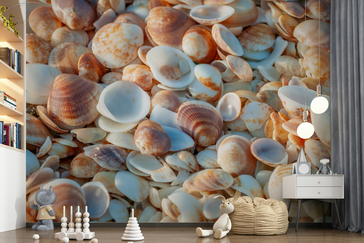 Warm sunlight Coastal seaside wallpaper abundant shells image.