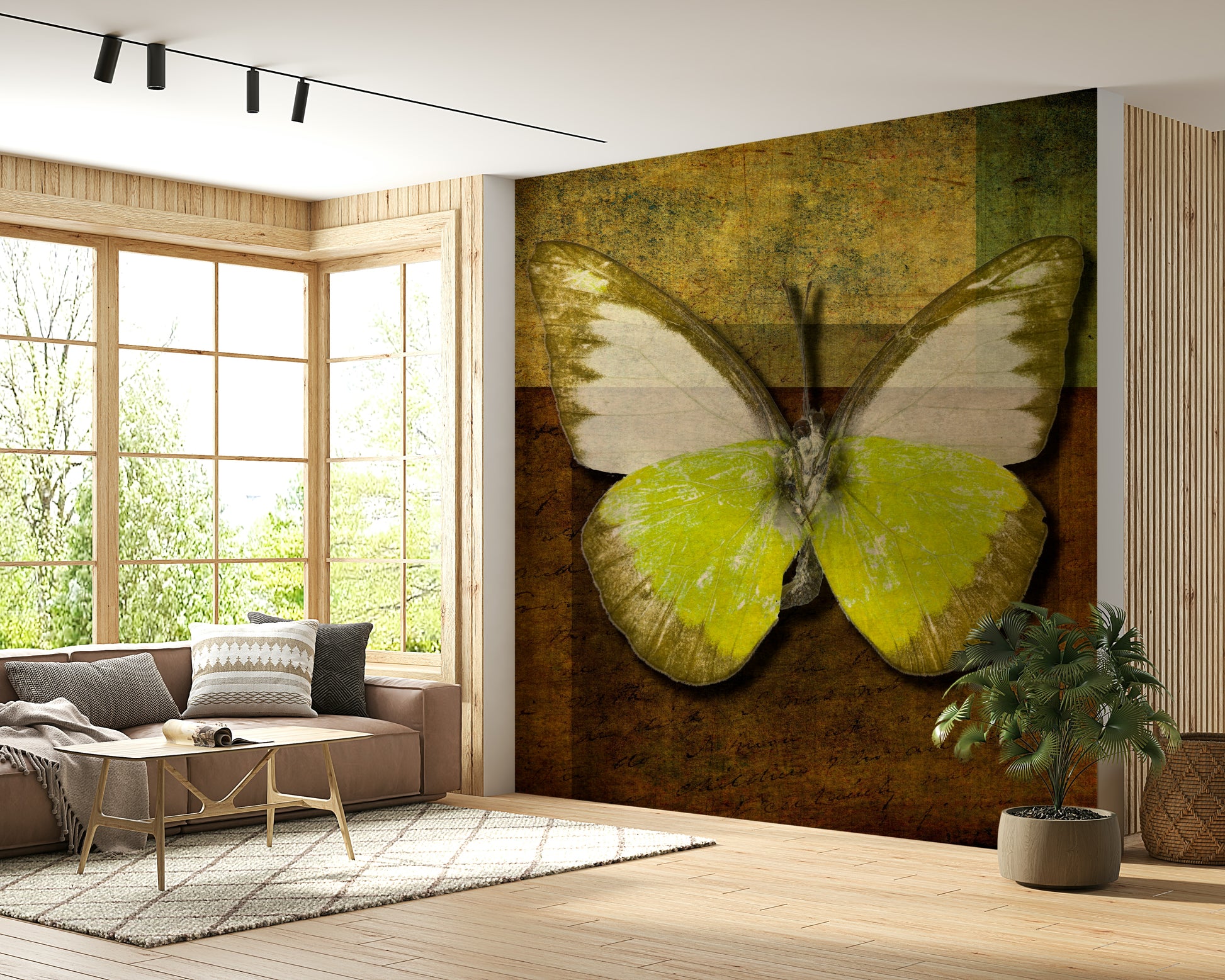Earthy gold and lime butterfly wallpaper mural antique aged appearance.