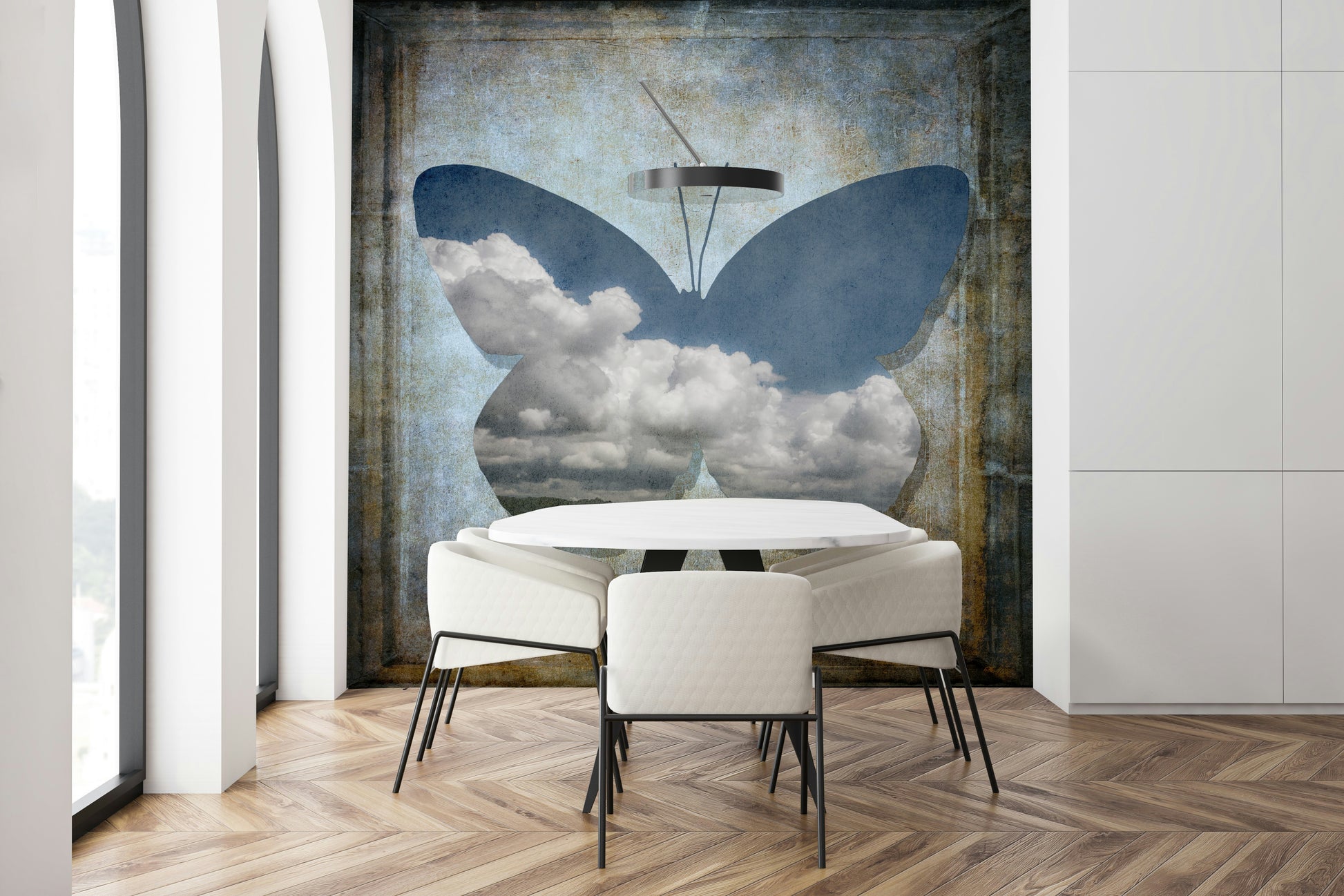 Dreamy Butterfly Mural Light blue grey tones cloud formation design.