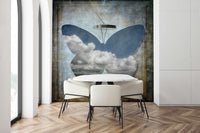 Dreamy Butterfly Mural Light blue grey tones cloud formation design.