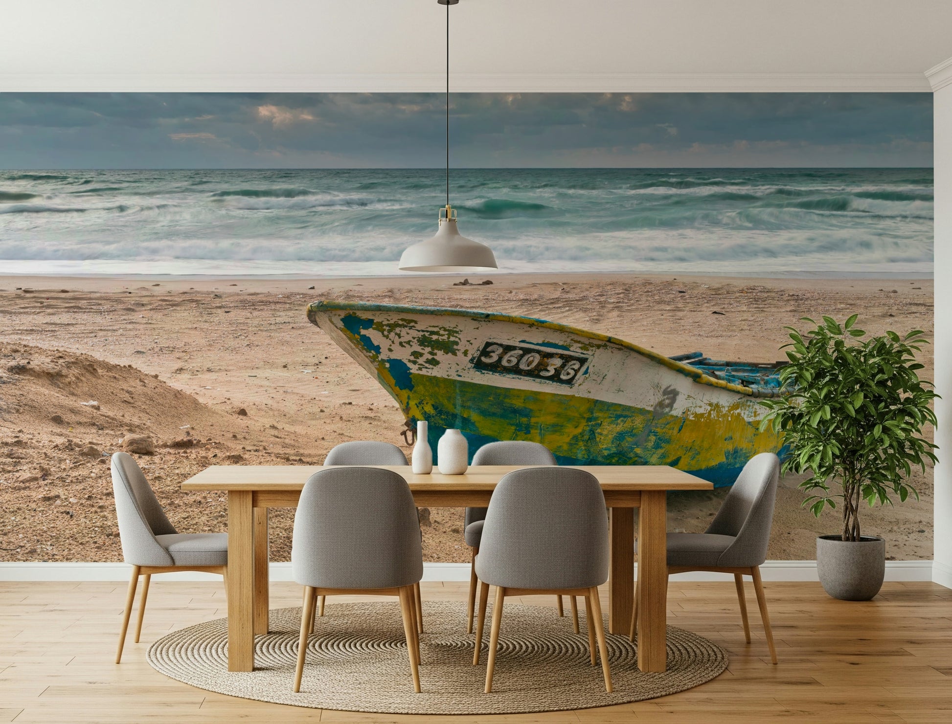 Seascape Vessel Mural Captivating image of a humble boat and powerful ocean.