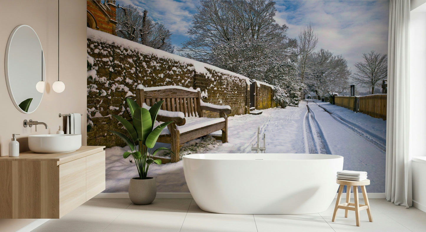 Snowy Lane Wallpaper Quiet street scene with an old brick wall background.