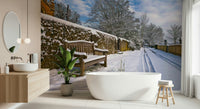 Snowy Lane Wallpaper Quiet street scene with an old brick wall background.