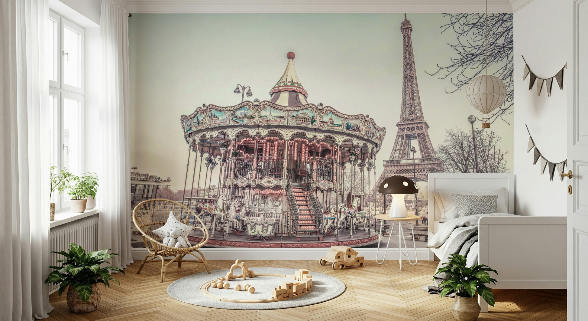 Paris Funfair Mural Decorative ornate ride parked near the gigantic tower wallpaper.