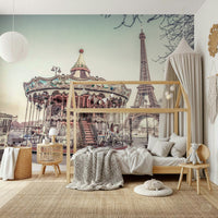 Parisian Carousel Mural Romantic scene with the huge steel tower dominating.