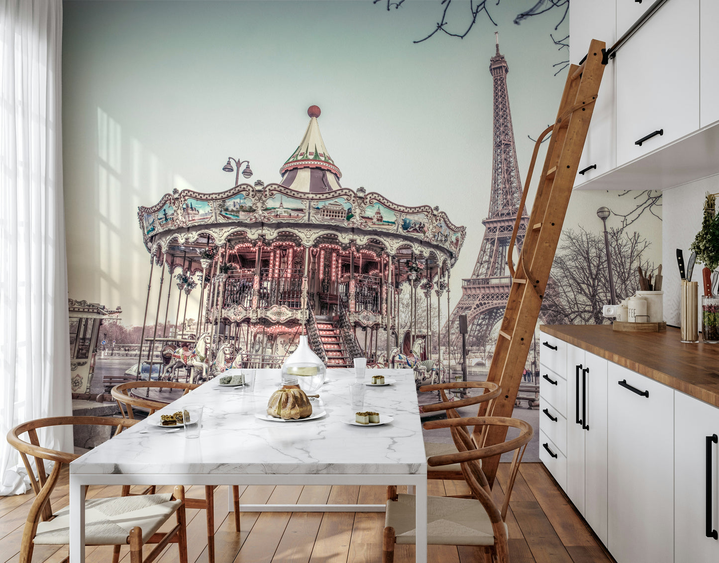 Eiffel Tower Fun Mural Detailed horses and decorations on the historic merry-go-round.