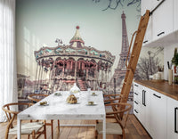 Eiffel Tower Fun Mural Detailed horses and decorations on the historic merry-go-round.