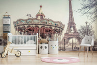 Eiffel Tower Carousel Wallpaper Charming vintage carnival scene in the French capital.