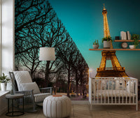 Tower View Mural Elegant nighttime scene perfect for a luxurious wall covering.