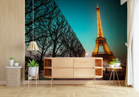 Paris Night Mural Golden Eiffel Tower lit against a deep blue sky wallpaper.
