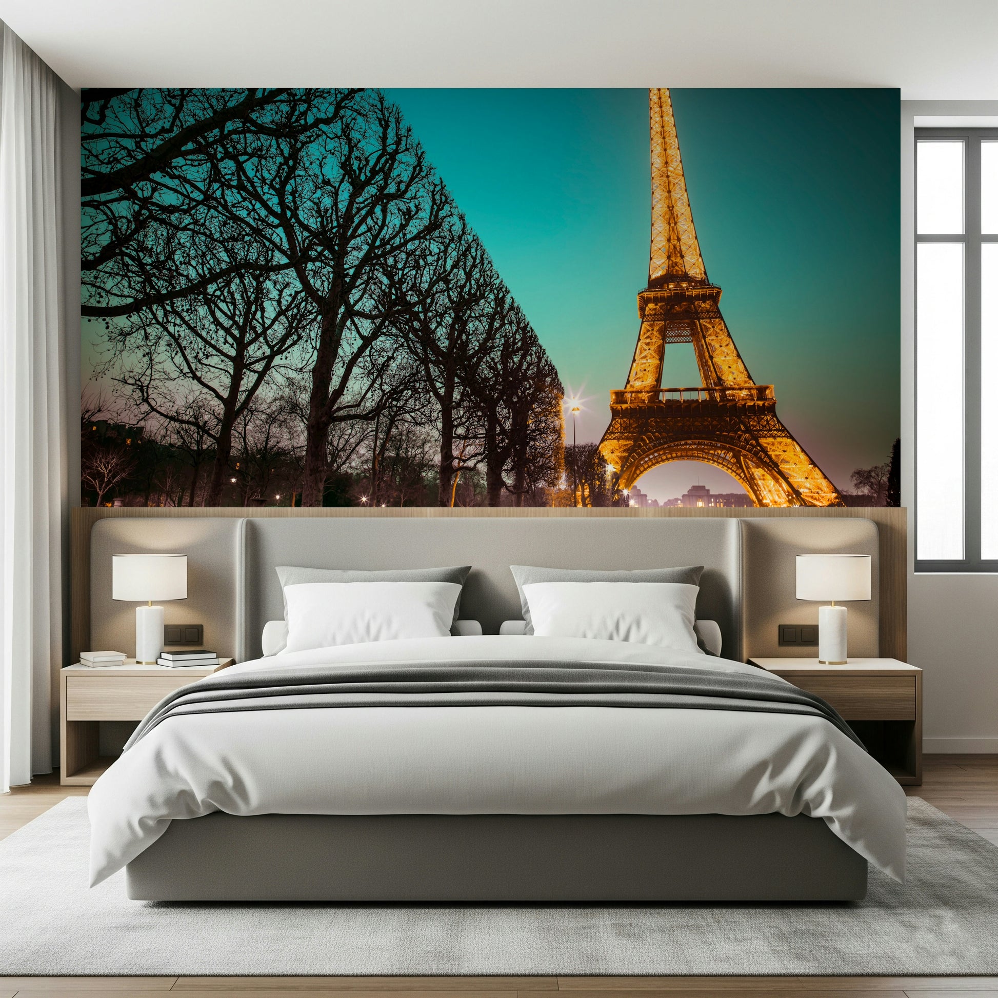Twinkling Tower Wallpaper Eiffel landmark at twilight with manicured trees mural.
