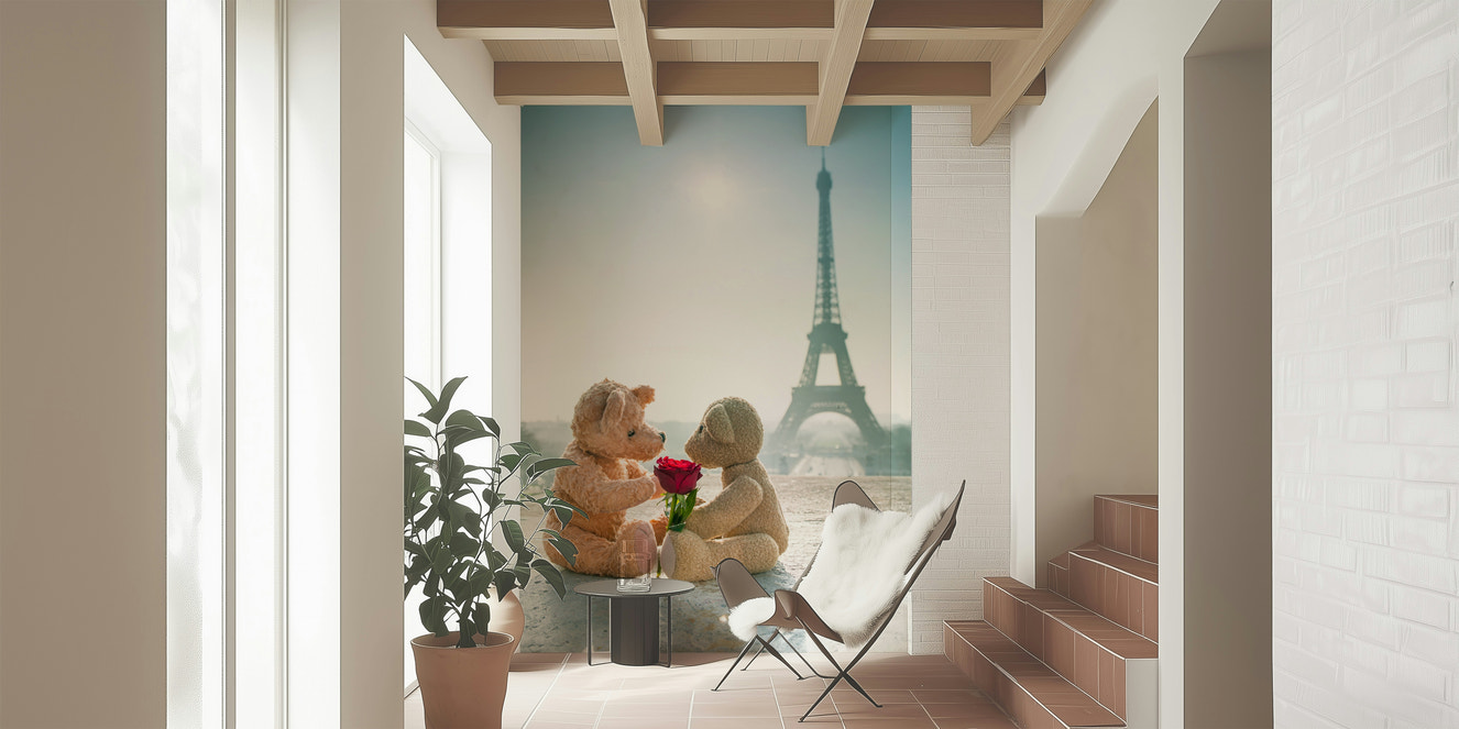 Sweet Couple Mural Toy bears sharing a flower by Eiffel Tower wallpaper.