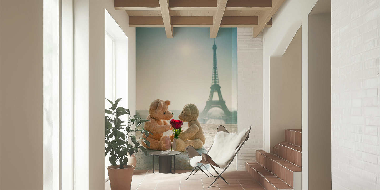 Sweet Couple Mural Toy bears sharing a flower by Eiffel Tower wallpaper.