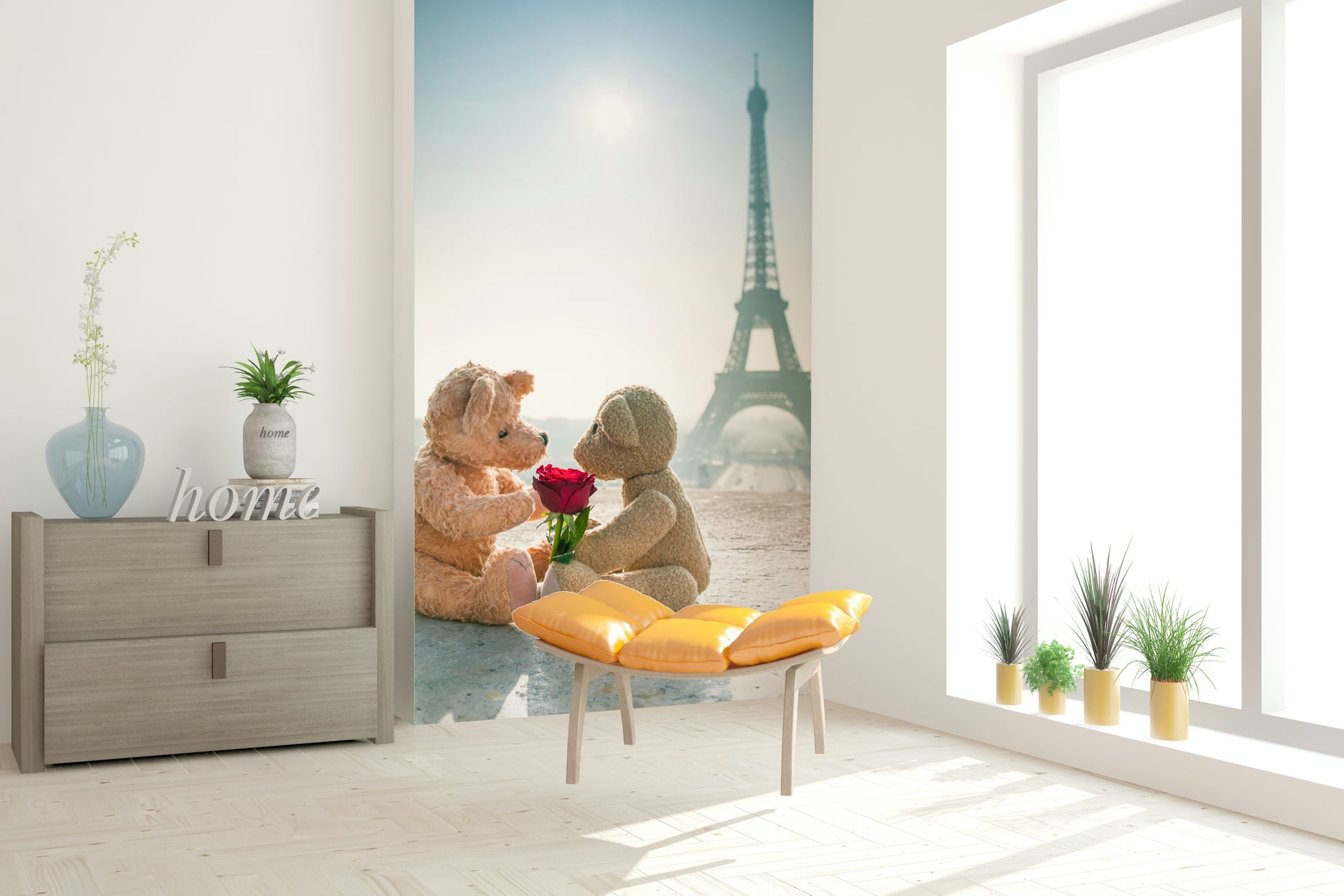 Bears in Love Mural Tender moment with plush toys under a bright sun.