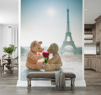 Paris Love Mural Two fuzzy companions on a romantic city adventure wallpaper.