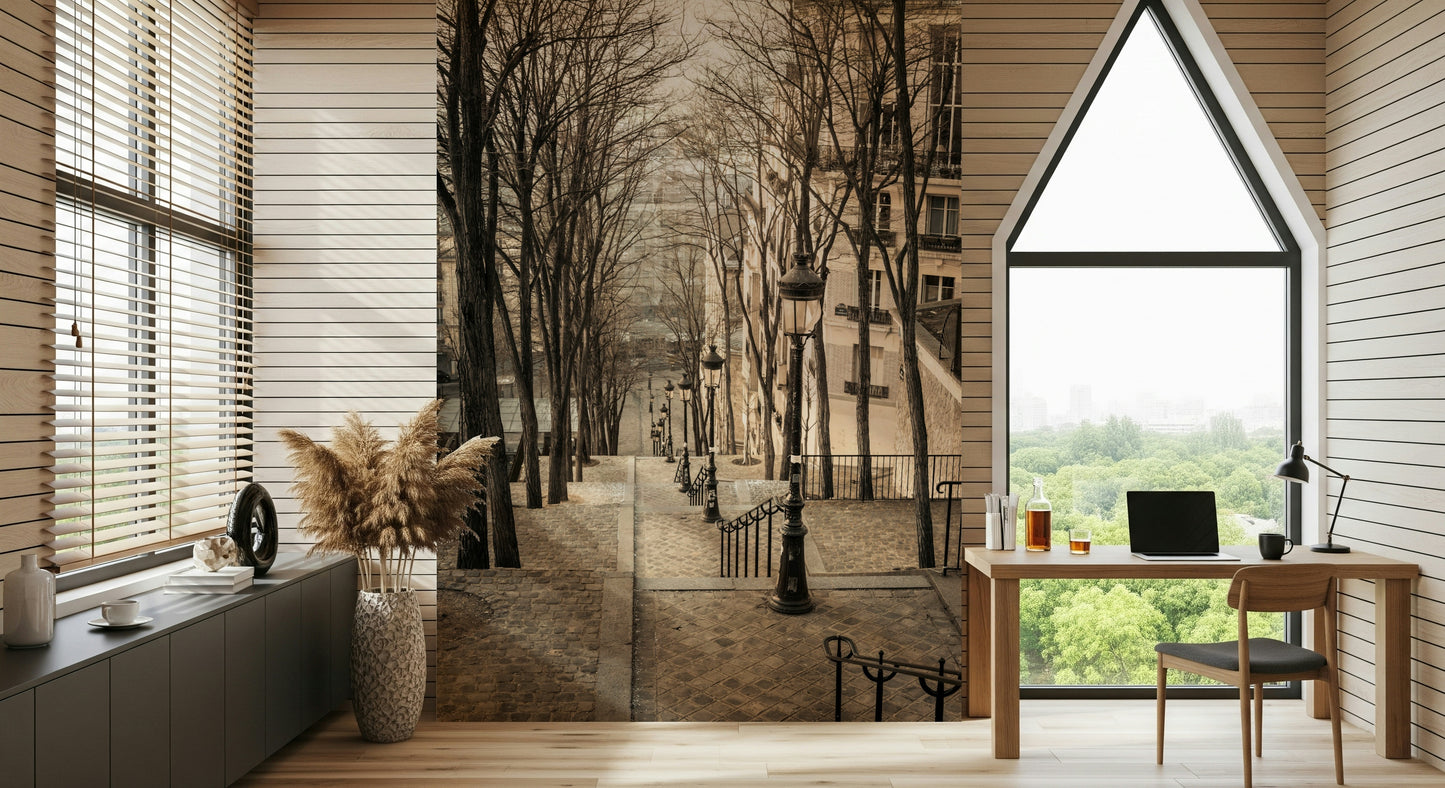 Parisian Stairs Mural Atmospheric street scene wall covering print.