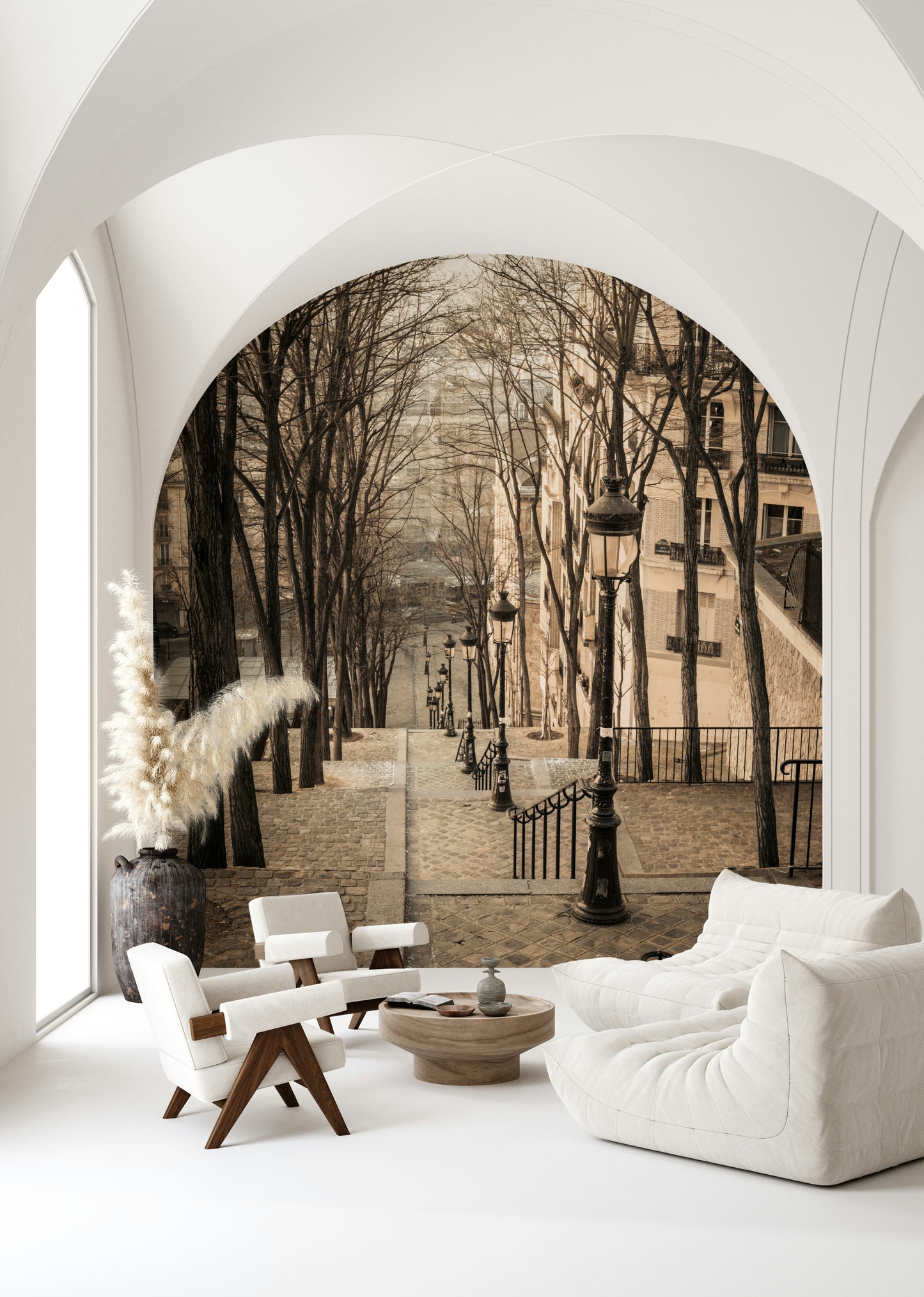 French Steps Wallpaper Cobblestone path with bare trees ascending uphill.