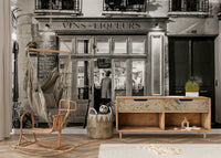 Dramatic lighting on old buildings, Parisian bar front wallpaper.