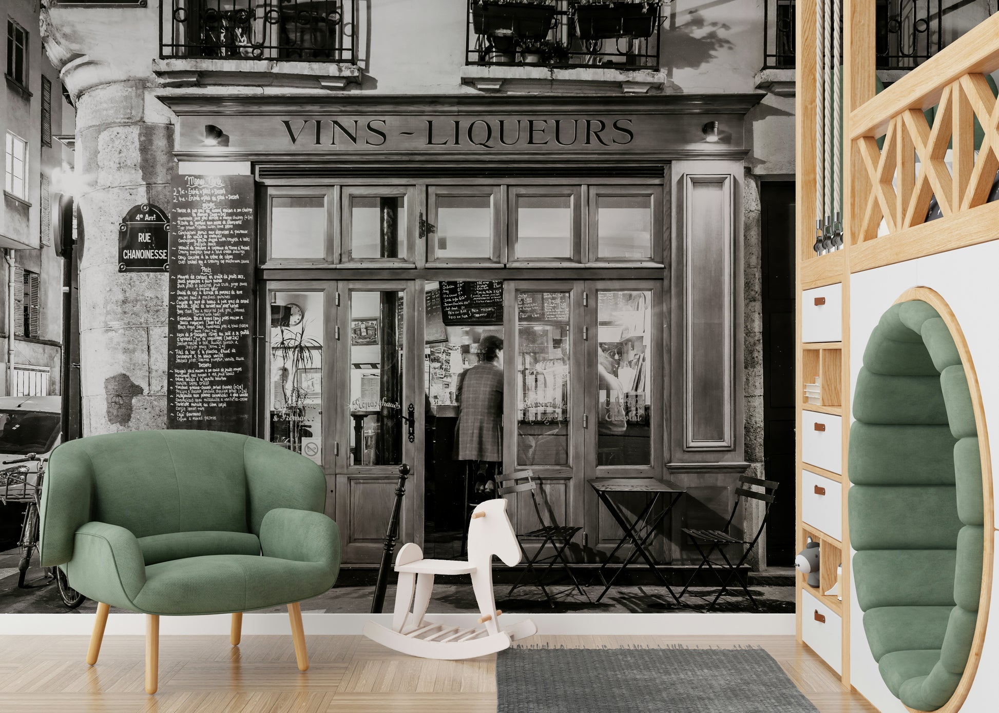 Vintage black and white wine store mural, cobblestone street view.