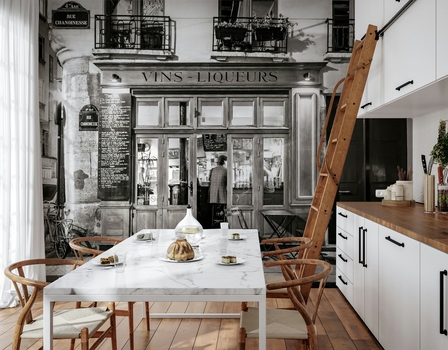 Monochrome European bistro wallpaper, figure inside the shop.