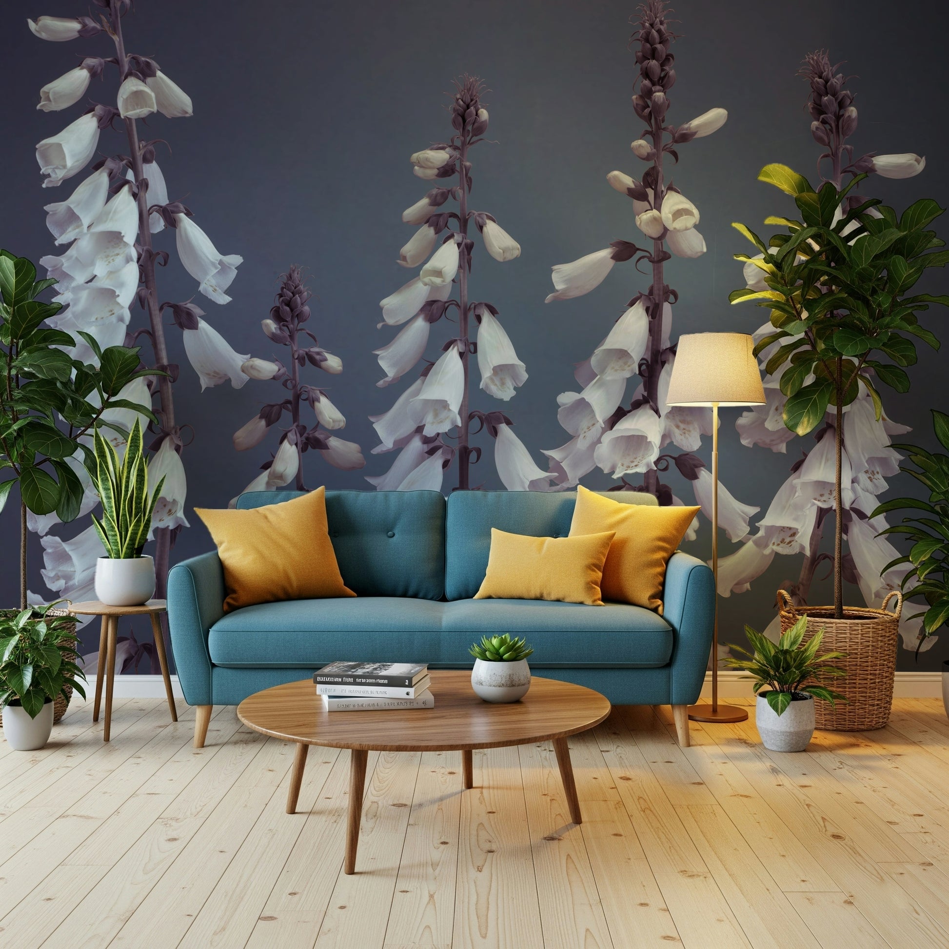 Soft focus bell flowers mural, ethereal floral arrangement.