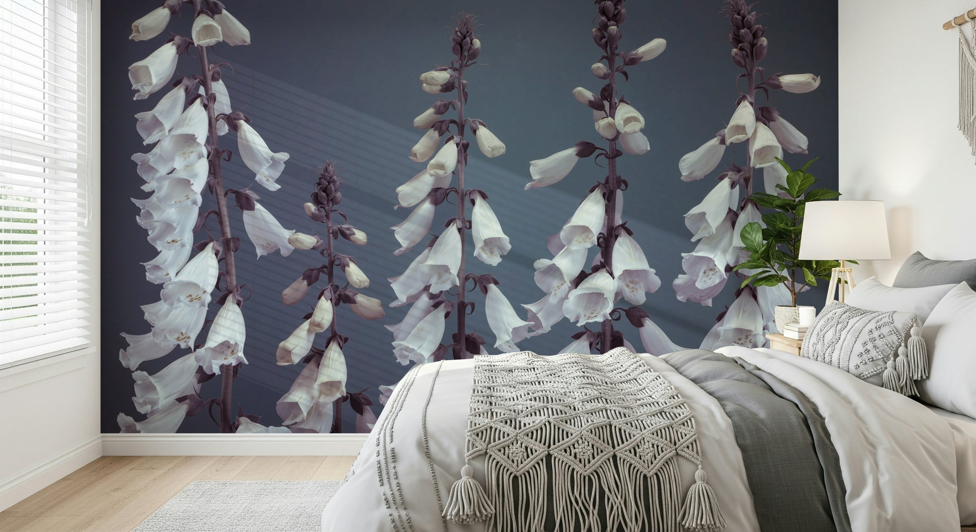 Minimalist floral mural, repeating pattern of Digitalis buds.