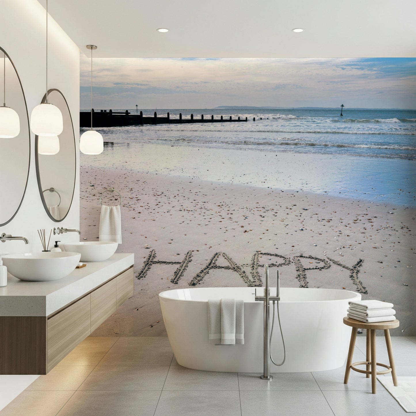 Footprints near word Happy Beach mural inspiring outlook.