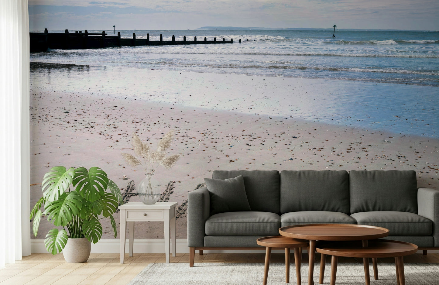 Clear water and sky Happy Beach mural promoting cheerfulness.